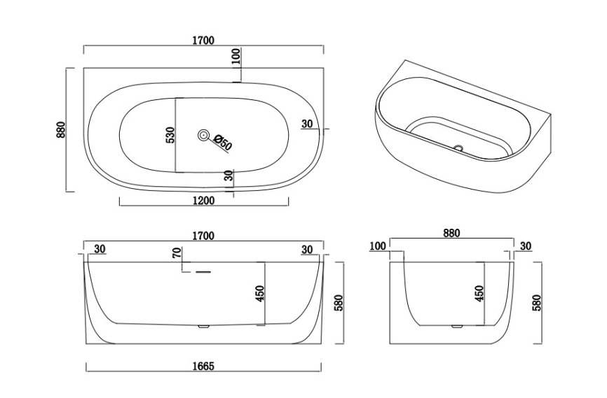 ОЛЕА Ванна акриловая пристенная 1700*880*580, белый фото 7