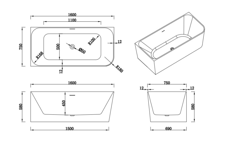 ТИАМО Л Ванна акриловая пристенная 1600*750*580, левая, белый фото 4