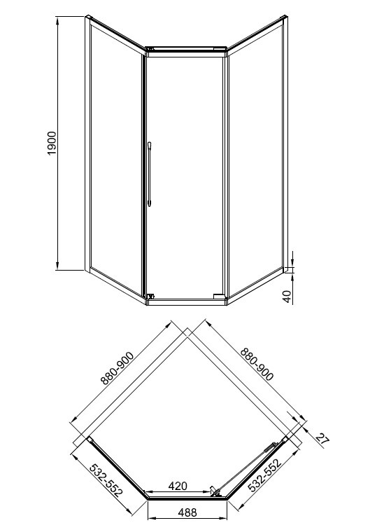 Душевое ограждениe 90*90*190 хром,6мм прозрач.стекло,профиль алюм.10 мм, БЕЗ ПОДДОНА фото 2
