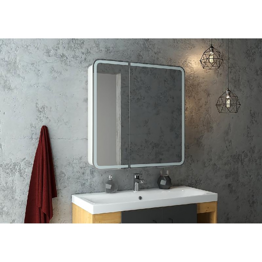 Зеркало-шкаф AQUA NERO "Грайм" 800х150х800 с подсветкой, датчик движения, розетка, белый фото 8