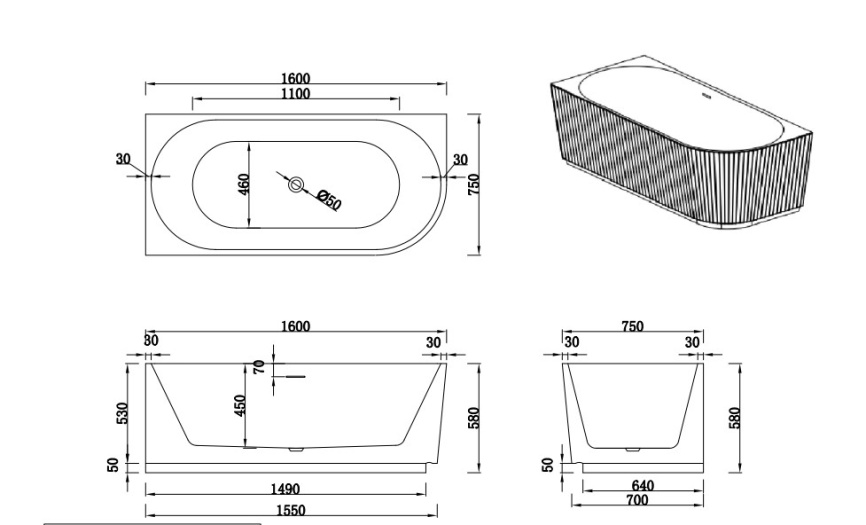 РИКО Л Ванна акриловая пристенная 1600*750*580, левая, белый фото 4