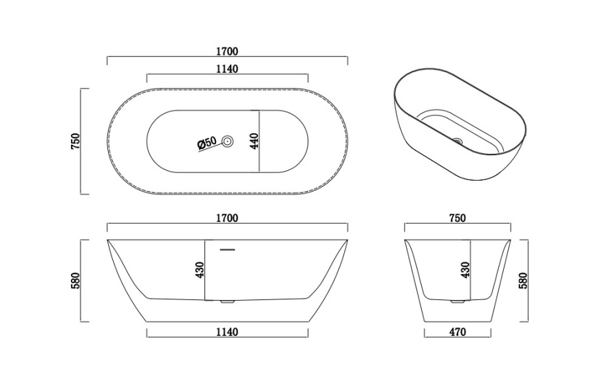 ОНДА Ванна акриловая отдельностоящая 1700*750*580, белый фото 7