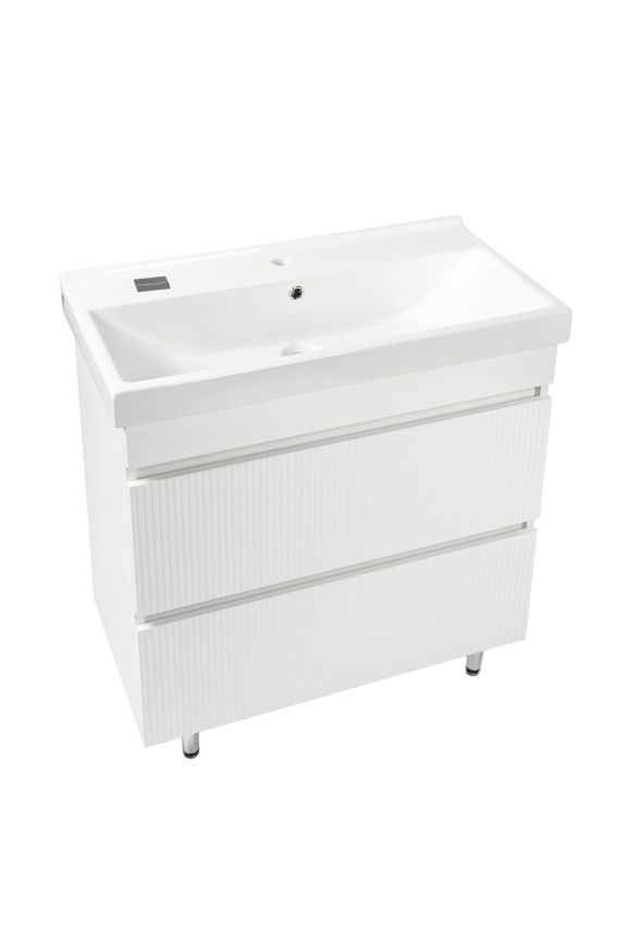 Комплект Акцент 80 напольная тумба 2 ящика, рифленая с раковиной Фест 80 белый глянец фото 5