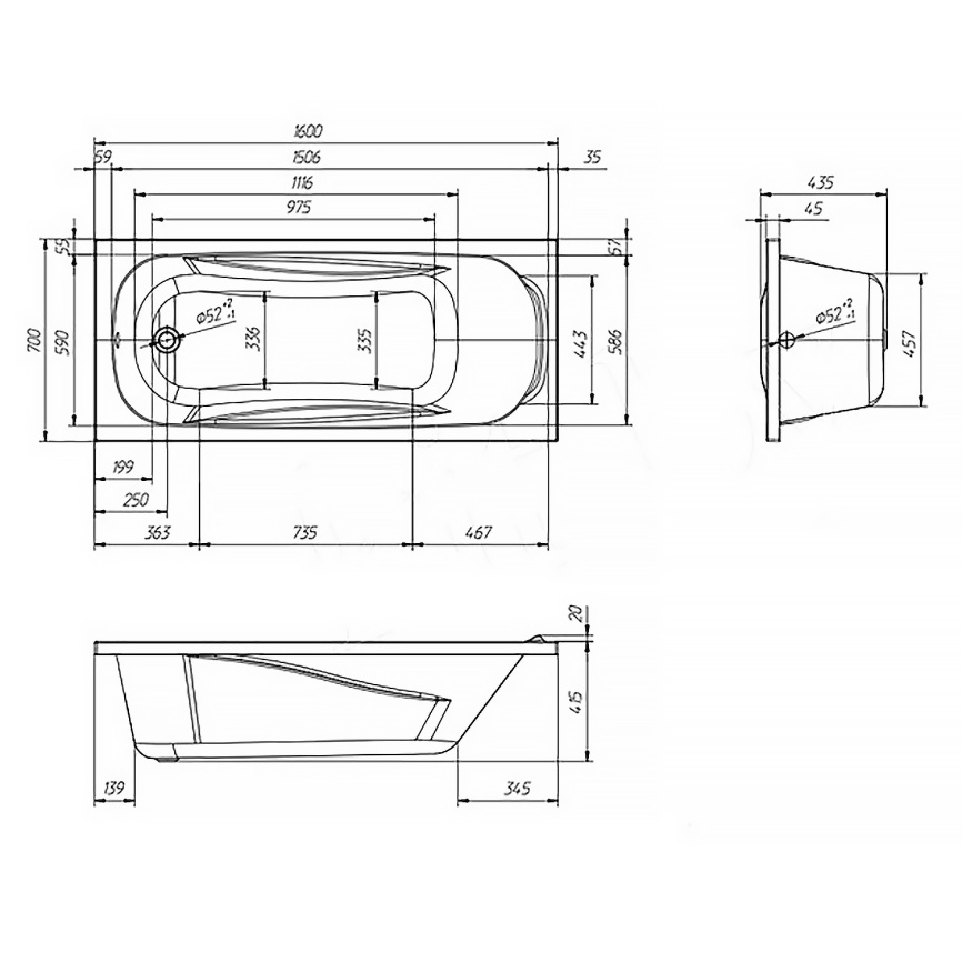Ванна акриловая VENTO ITALY СЕРЕНА ЛА/SERENA Simple LA 1600х700х435 прямоугольная, без каркаса и пан фото 4