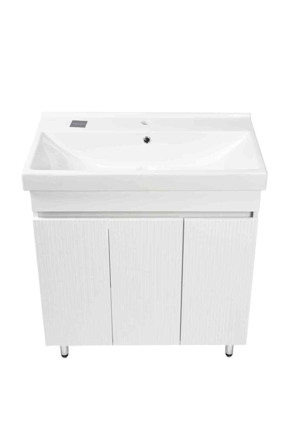 Комплект Акцент 80 напольная тумба 3 дверцы, рифленая с раковиной Фест 80 белый глянец фото 1