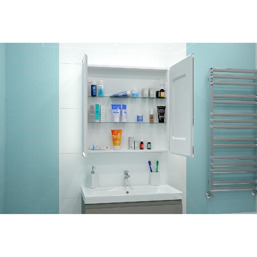 Зеркало-шкаф AQUA NERO "Грайм" 800х150х800 с подсветкой, датчик движения, розетка, белый фото 7