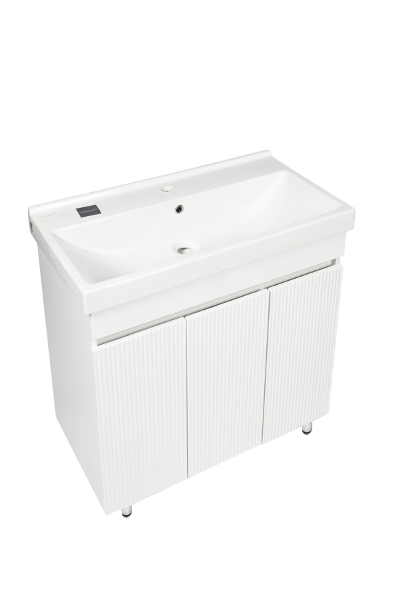 Комплект Акцент 80 напольная тумба 3 дверцы, рифленая с раковиной Фест 80 белый глянец фото 4
