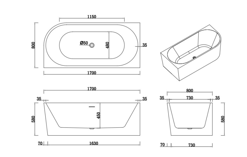 АМОРЕ Л Ванна акриловая пристенная 1700*800*580, левая, белый фото 6