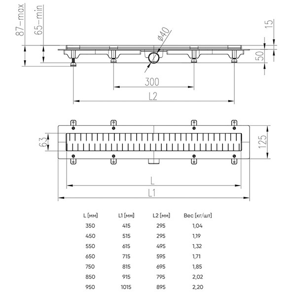 Душевой лоток CHUDEJ D40 Medium 450 мм, боковой слив, пластиковый, решетка из нержавеющей стали фото 6
