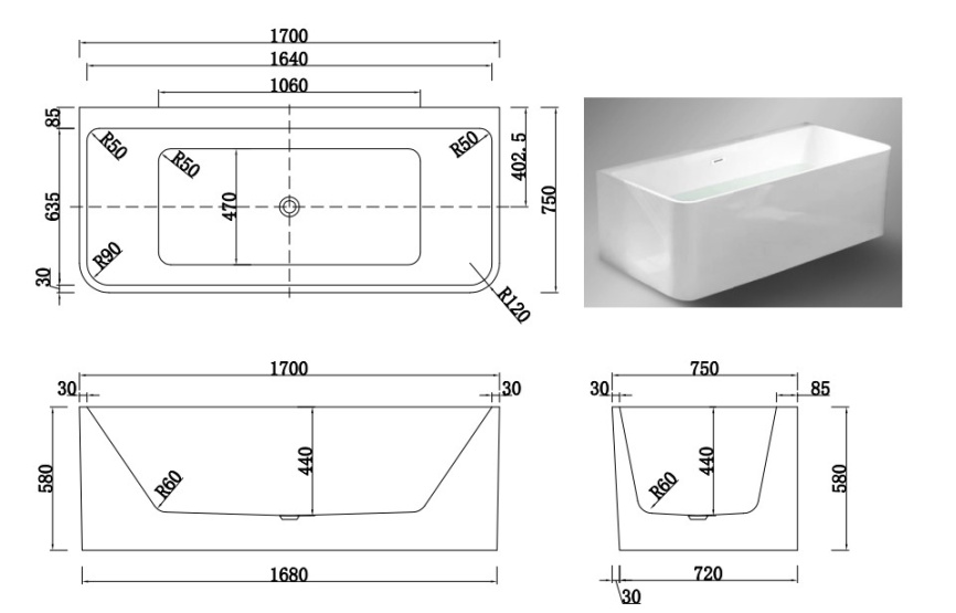 АЛМА Ванна акриловая пристенная 1700*750*580, белый фото 4