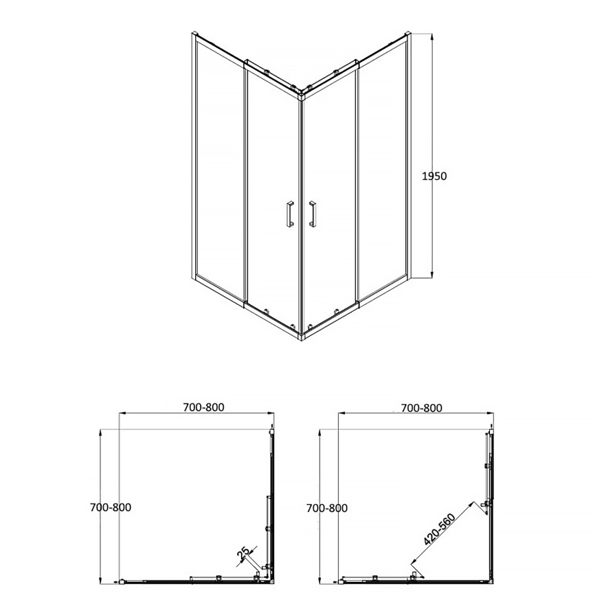 Душевое ограждение AQUA NERO 800х800х1950, телескопический профиль, без поддона, прозрачное стекло 6 фото 3