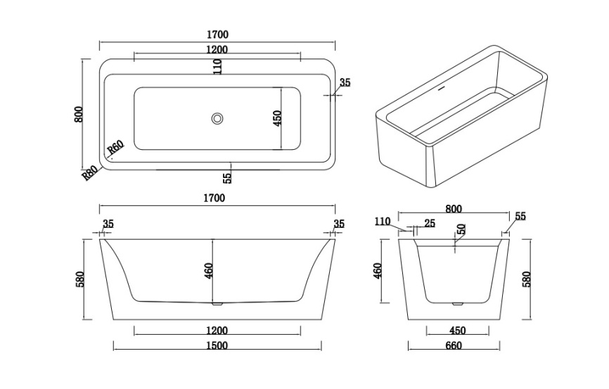 РОДОС Ванна акриловая пристенная 1700*800*580, белый фото 1