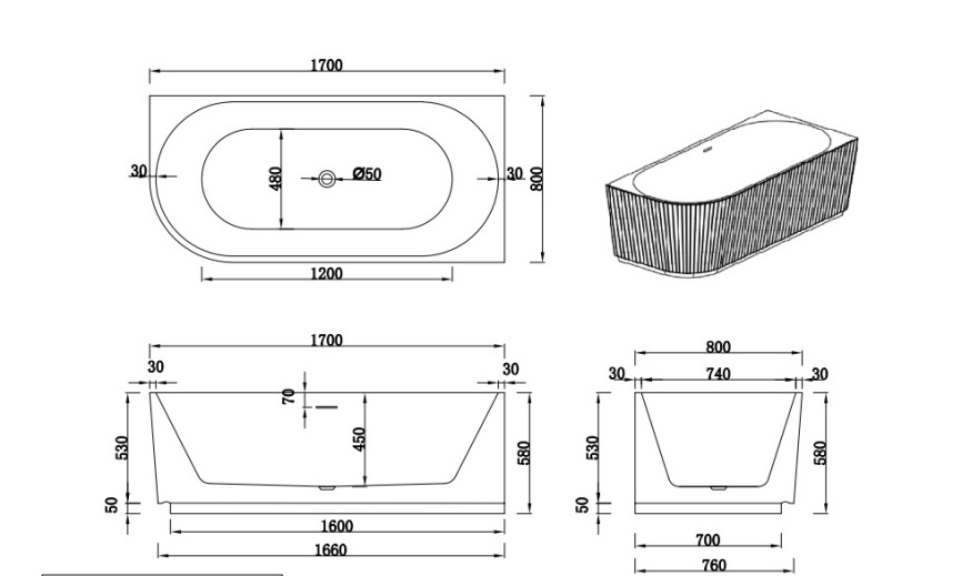 РИКО П Ванна акриловая пристенная 1700*800*580, правая, белый фото 4