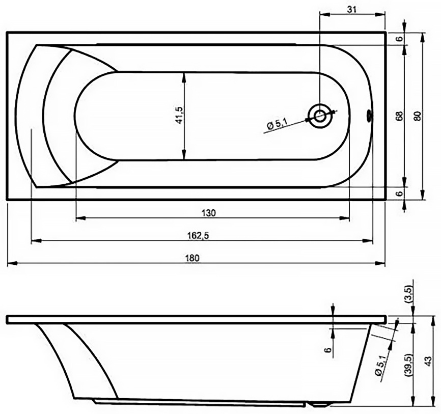 Ванна акриловая VENTO ITALY ДИОНА ЛА/DIONA LA 1800х800х430 прямоугольная, без каркаса и панели, белы фото 3