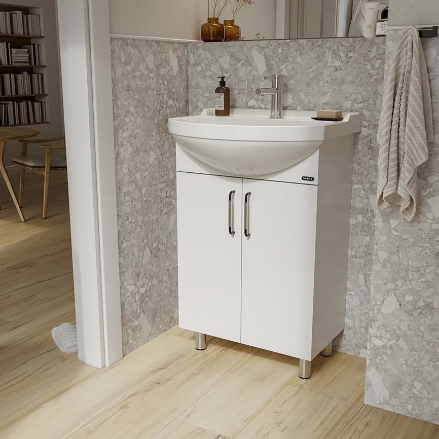 Комплект SANITA Рондо 56 напольная тумба с раковиной Рондо 56, покрытие пленка ПВХ, белый глянец фото 4