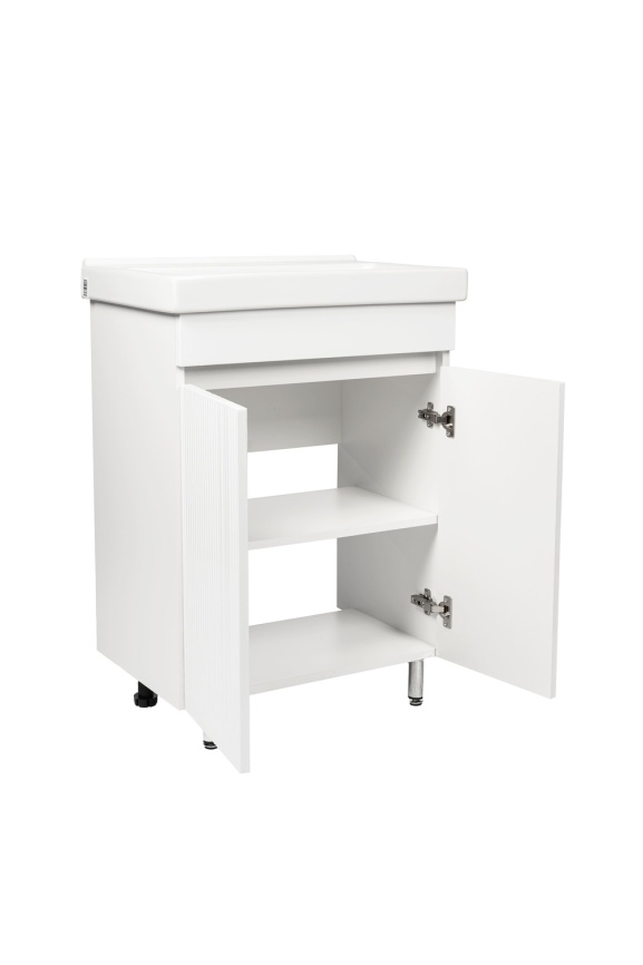 Комплект Акцент 60 напольная тумба 2 дверцы, рифленая с раковиной Фест 60 белый глянец фото 4