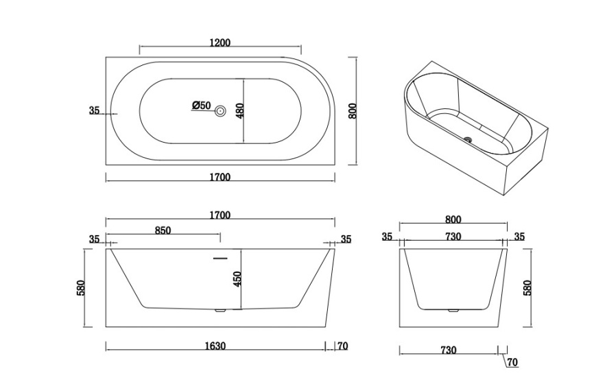 АМОРЕ П Ванна акриловая пристенная 1700*800*580, правая, белый фото 6