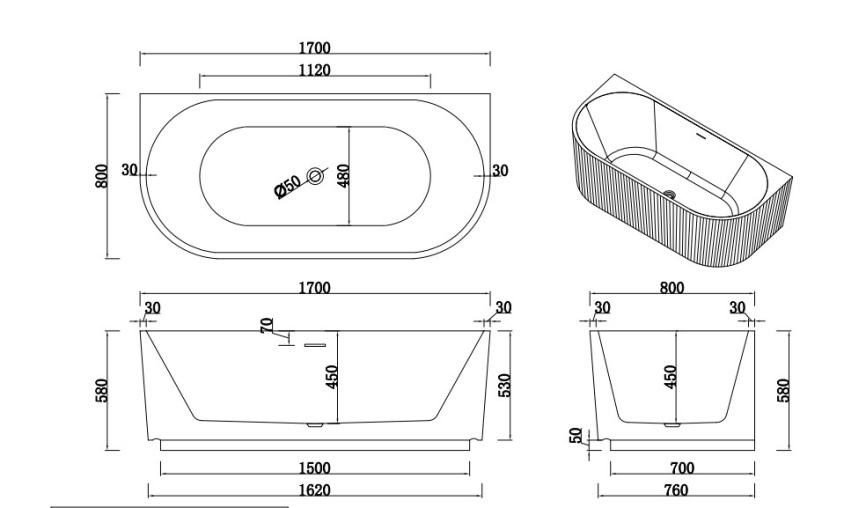 ФЛАЙ Ванна акриловая пристенная 1700*800*580, белый фото 4