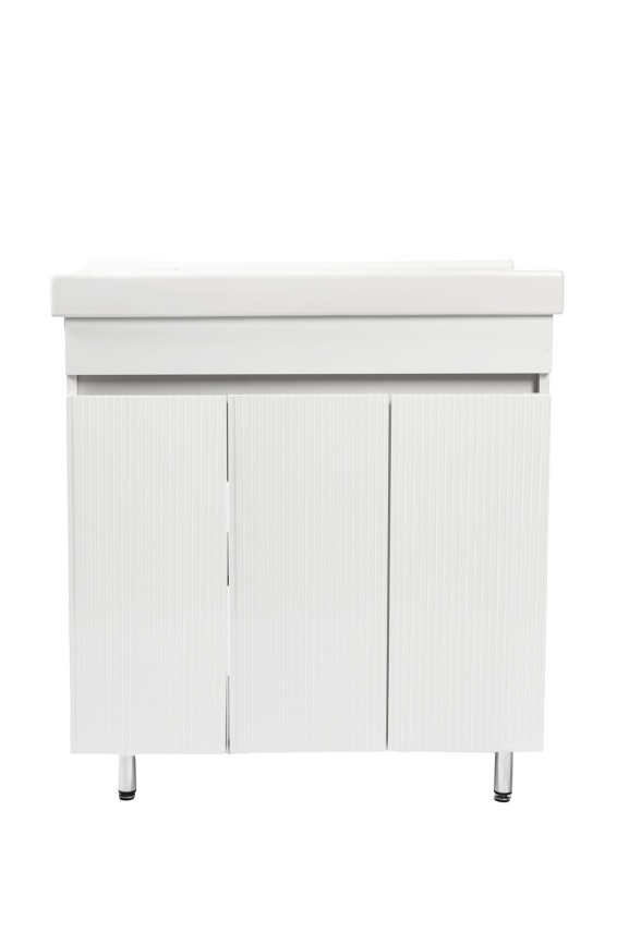 Комплект Акцент 80 напольная тумба 3 дверцы, рифленая с раковиной Фест 80 белый глянец фото 2
