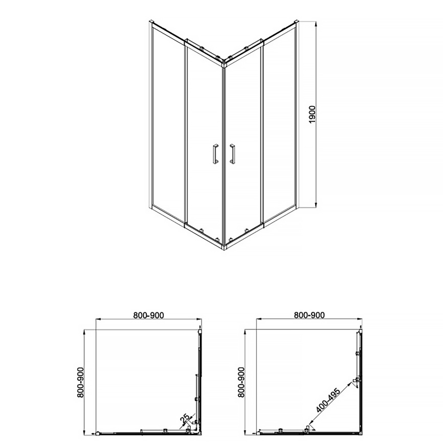 Душевое ограждение AQUA NERO 900х900х1900, телескопический профиль, без поддона, прозрачное стекло 6 фото 3