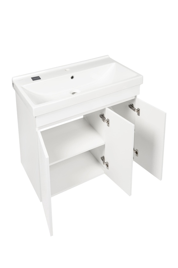 Комплект Акцент 80 напольная тумба 3 дверцы, рифленая с раковиной Фест 80 белый глянец фото 3