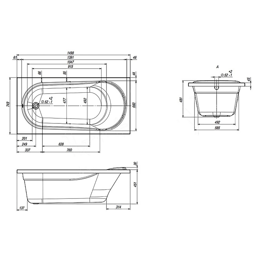 Ванна акриловая VENTO ITALY АКВА ЛА/AQUA LA 1500х750х481 прямоугольная, без каркаса и панели, белый фото 4