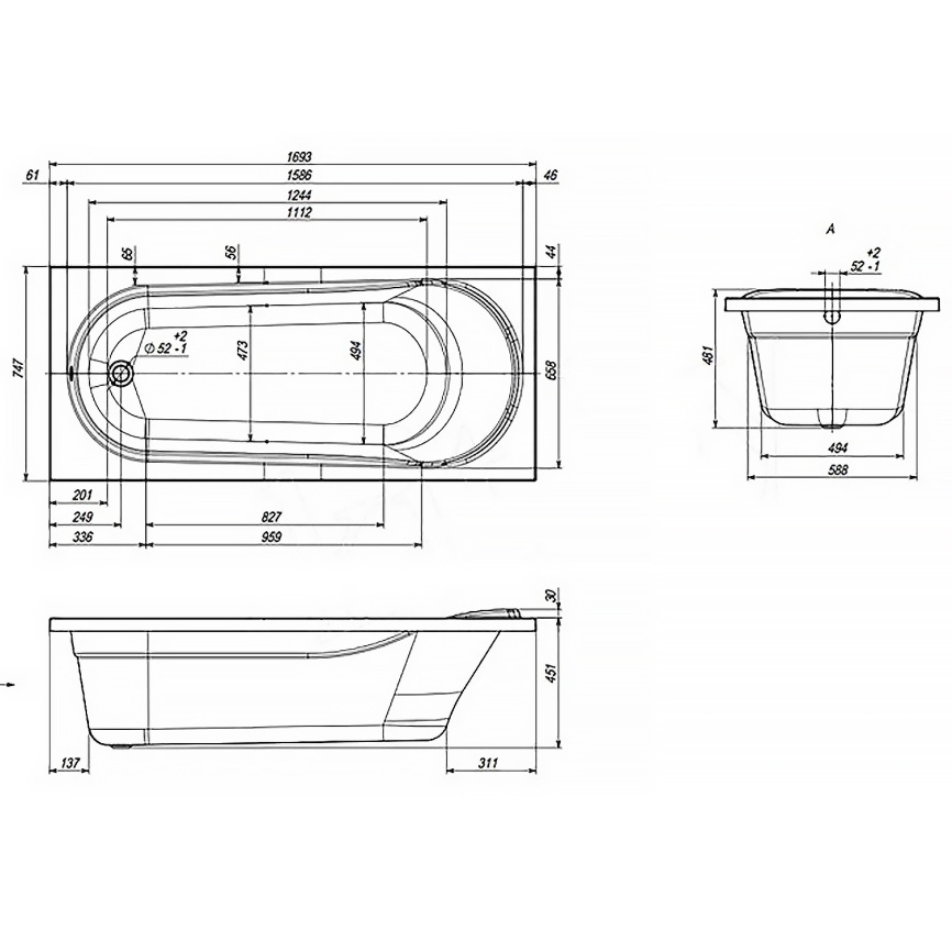 Ванна акриловая VENTO ITALY AQUA LA 1700х750х481 прямоугольная, без каркаса и панели, белый фото 4