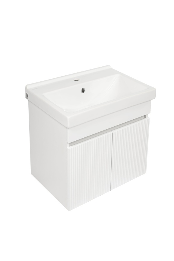 Комплект Акцент 60 подвесная тумба 2 дверцы, рифленая с раковиной Фест 60 белый глянец фото 4