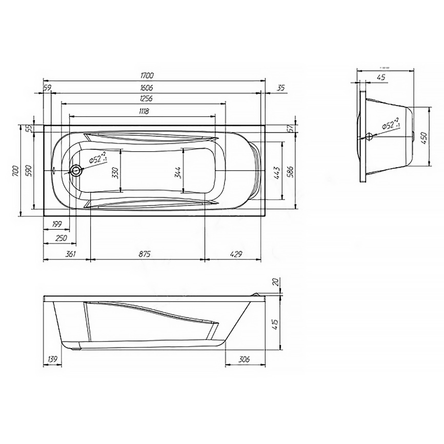 Ванна акриловая VENTO ITALY СЕРЕНА ЛА/SERENA Simple LA 1700х700х435 прямоугольная, без каркаса и пан фото 4