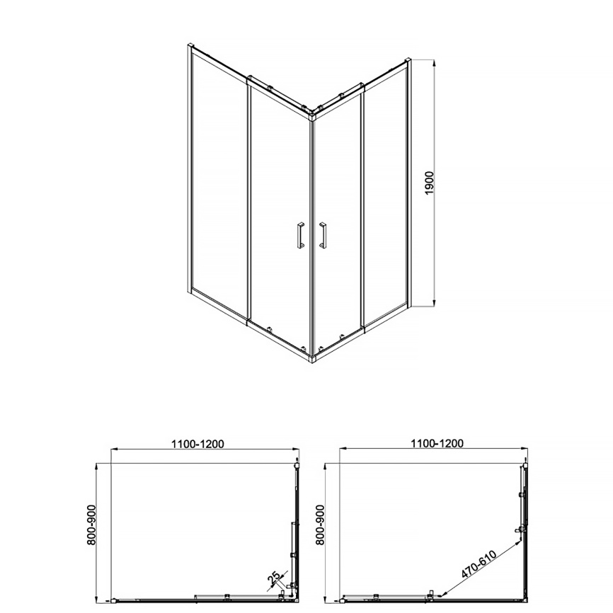 Душевое ограждение AQUA NERO 1200х900х1900, телескопический профиль, без поддона, прозрачное стекло  фото 3