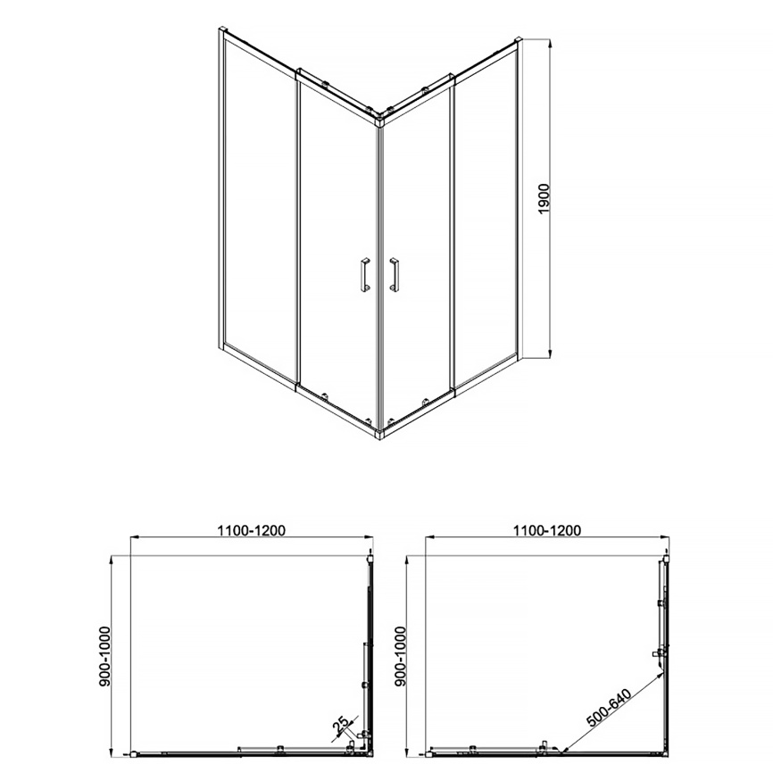 Душевое ограждение AQUA NERO 1200х1000х1900, телескопический профиль, без поддона, прозрачное стекло фото 3
