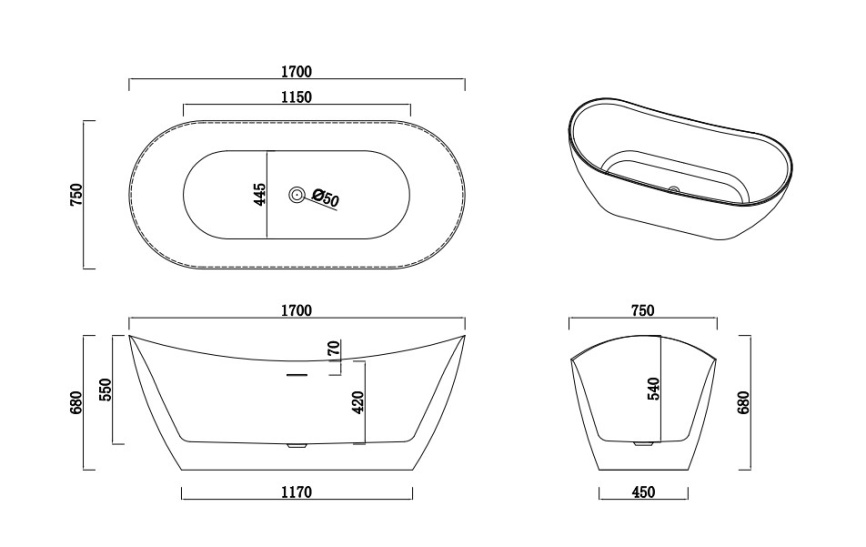 КРИСТАЛЛО Ванна акриловая отдельностоящая 1700*750*580, белый фото 6