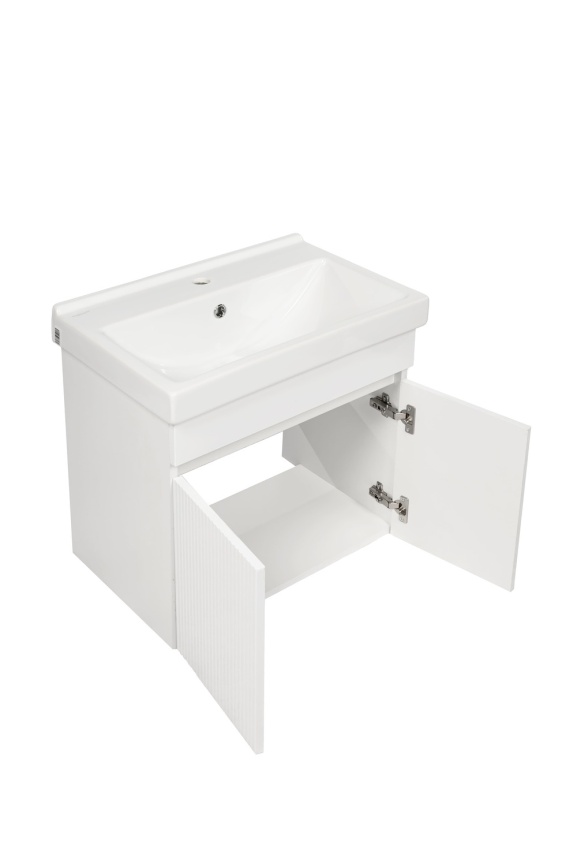 Комплект Акцент 60 подвесная тумба 2 дверцы, рифленая с раковиной Фест 60 белый глянец фото 3