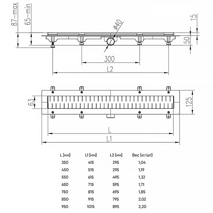 Душевой лоток CHUDEJ D40 Medium 550 мм, боковой слив, пластиковый, решетка из нержавеющей стали фото 5