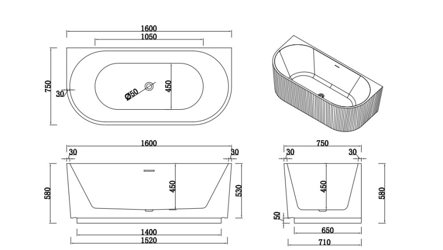 ФЛАЙ Ванна акриловая пристенная 1600*750*580, белый фото 2