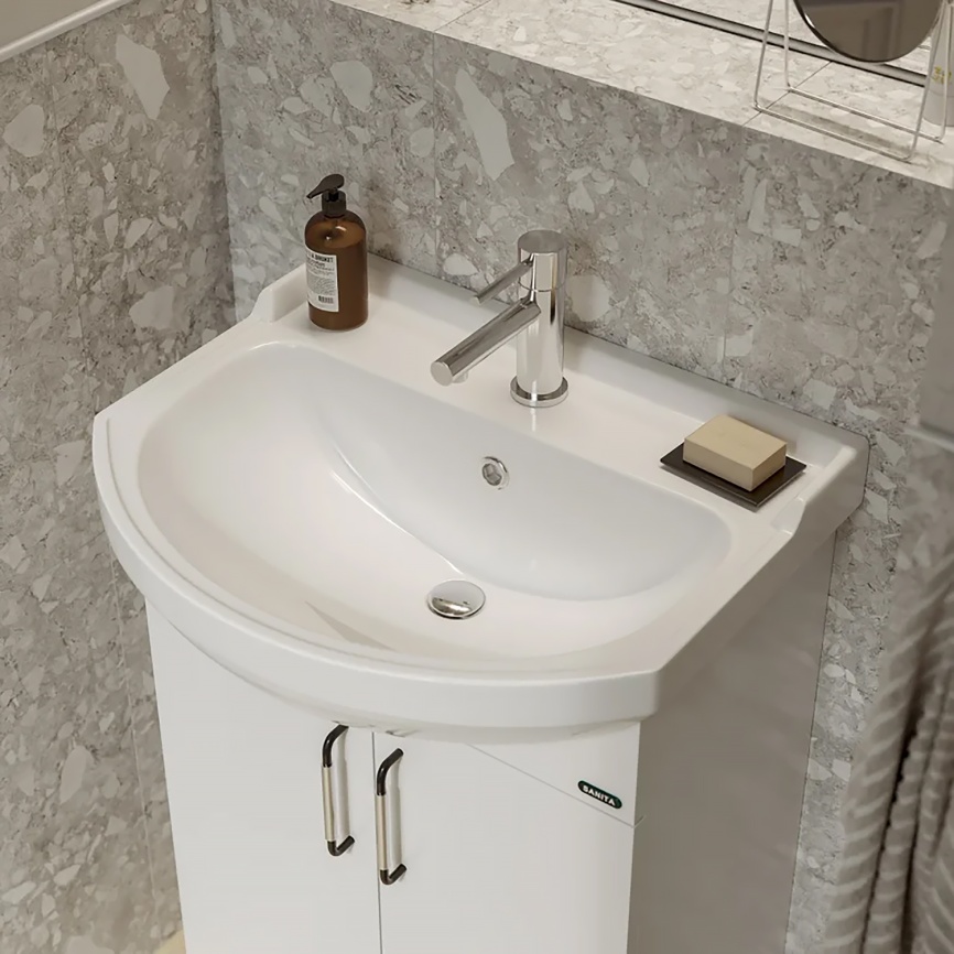 Комплект SANITA Рондо 56 напольная тумба с раковиной Рондо 56, покрытие пленка ПВХ, белый глянец фото 6